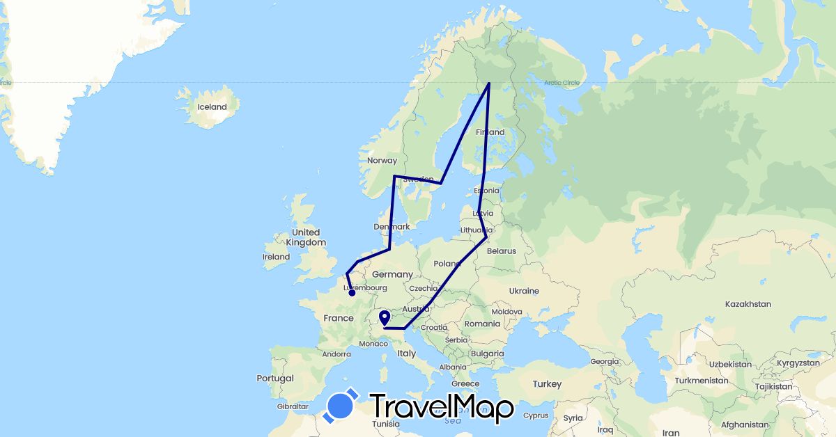 TravelMap itinerary: driving in Austria, Belgium, Germany, Denmark, Estonia, Finland, France, Italy, Lithuania, Latvia, Netherlands, Norway, Poland, Sweden (Europe)